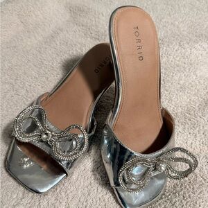 Torrid Metallic Silver Mules with Embellished Bow